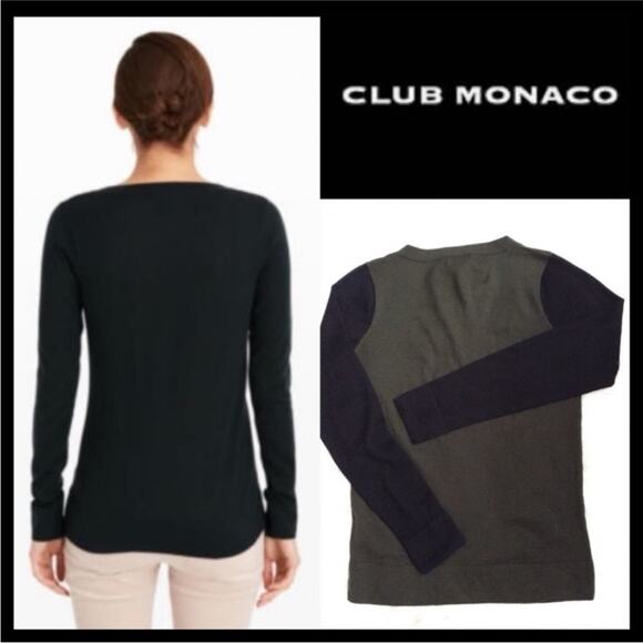 Club Monaco Agnes Sweater V Neck 100% Extra Fine Merino Wool MEDIUM Green Black - Picture 2 of 11